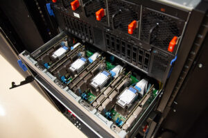 The interior of a computer server.